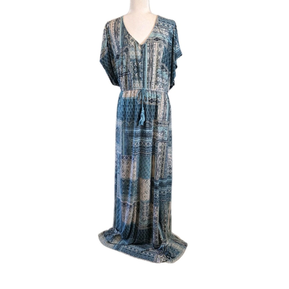 Style & Co Dress Womens Plus 3X Blue Patchwork Maxi V-Neck Tassel Tie Coastal